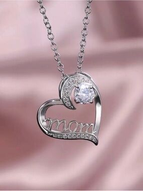 Silver 'Mom' Heart Pendant Necklace with Crystal Accent